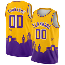 Load image into Gallery viewer, Custom Gold Purple-White Holiday Travel Monuments Silhouette Authentic City Edition Basketball Jersey
