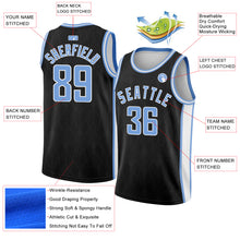 Charger l&#39;image dans la galerie, Custom Black Light Blue-White Geometric Shapes And Side Stripes Authentic City Edition Basketball Jersey
