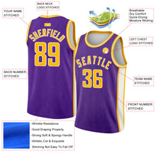 Загрузить изображение в средство просмотра галереи, Custom Purple Gold-White Geometric Shapes And Side Stripes Authentic City Edition Basketball Jersey
