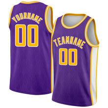 Charger l&#39;image dans la galerie, Custom Purple Gold-White Geometric Shapes And Side Stripes Authentic City Edition Basketball Jersey
