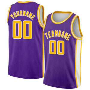 Custom Purple Gold-White Geometric Shapes And Side Stripes Authentic City Edition Basketball Jersey