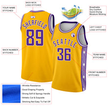 Charger l&#39;image dans la galerie, Custom Gold Purple-White Side Panel Abstract Lines Authentic City Edition Basketball Jersey
