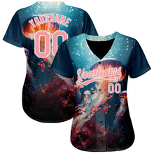 Load image into Gallery viewer, Custom Navy Medium Pink-White 3D Pattern Design Jellyfish Under Water With Light Shining Authentic Baseball Jersey
