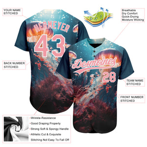 Custom Navy Medium Pink-White 3D Pattern Design Jellyfish Under Water With Light Shining Authentic Baseball Jersey