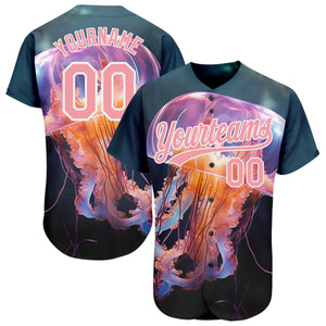 Custom Navy Medium Pink-White 3D Pattern Design Jellyfish Swimming In The Water Authentic Baseball Jersey