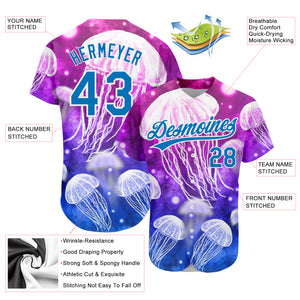 Custom Purple Blue-White 3D Pattern Design Jellyfish Authentic Baseball Jersey