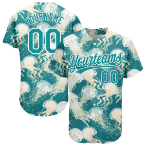 Custom Teal White 3D Pattern Design Jellyfish Authentic Baseball Jersey