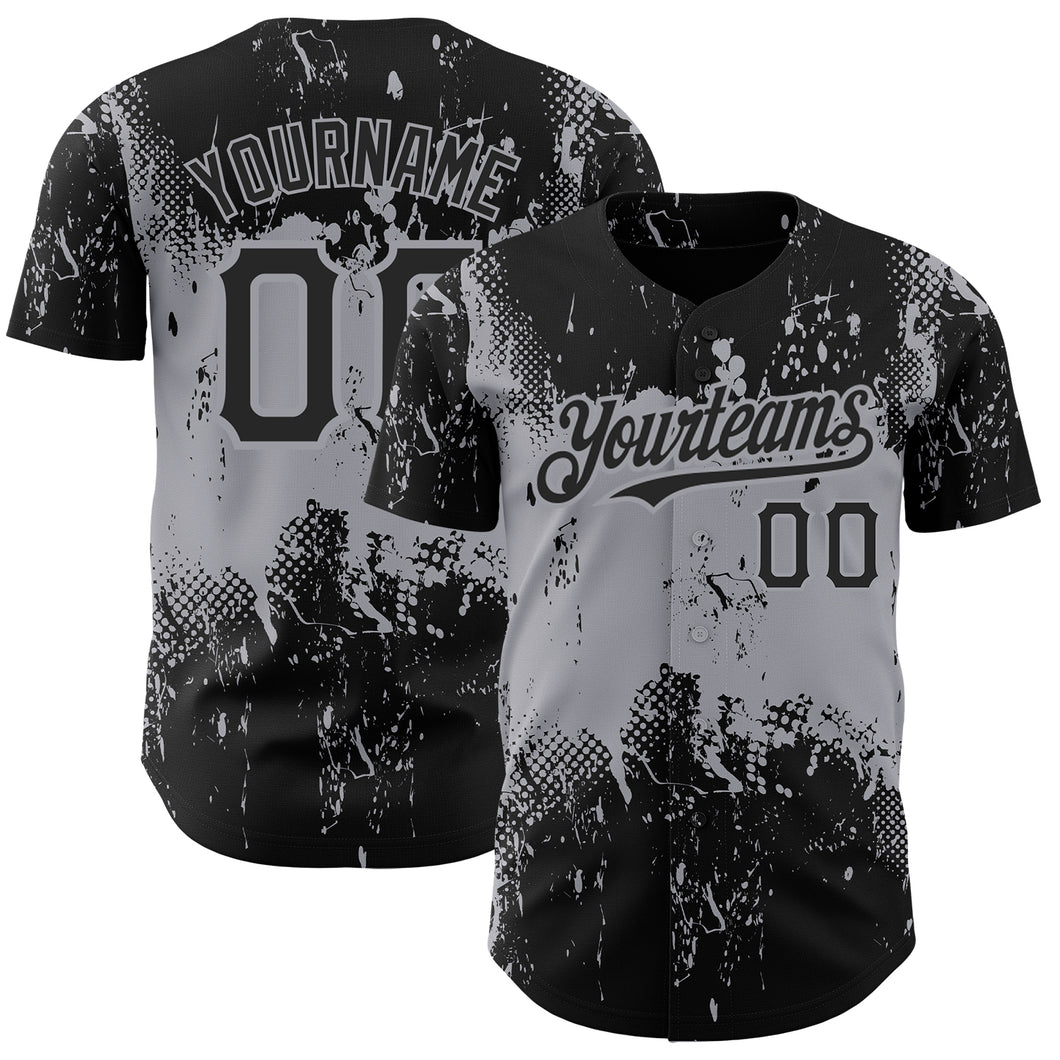 Custom Black Gray 3D Pattern Design Abstract Splatter Grunge Art Authentic Baseball Jersey