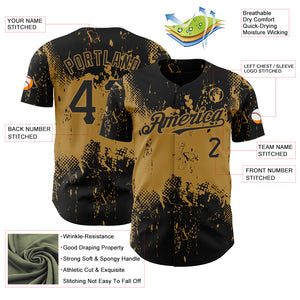 Custom Black Old Gold 3D Pattern Design Abstract Splatter Grunge Art Authentic Baseball Jersey