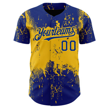 Custom Royal Yellow 3D Pattern Design Abstract Splatter Grunge Art Authentic Baseball Jersey