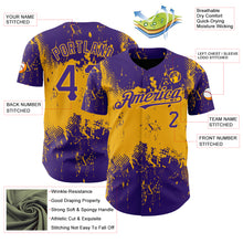 Charger l&#39;image dans la galerie, Custom Purple Gold 3D Pattern Design Abstract Splatter Grunge Art Authentic Baseball Jersey
