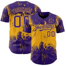 Charger l&#39;image dans la galerie, Custom Purple Gold 3D Pattern Design Abstract Splatter Grunge Art Authentic Baseball Jersey
