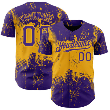 Custom Purple Gold 3D Pattern Design Abstract Splatter Grunge Art Authentic Baseball Jersey