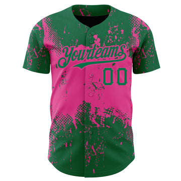 Custom Kelly Green Pink 3D Pattern Design Abstract Splatter Grunge Art Authentic Baseball Jersey