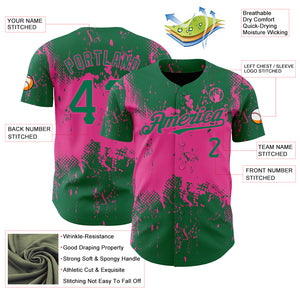 Custom Kelly Green Pink 3D Pattern Design Abstract Splatter Grunge Art Authentic Baseball Jersey