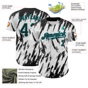 Custom White Black-Teal 3D Pattern Design Abstract Sharp Shape Authentic Baseball Jersey