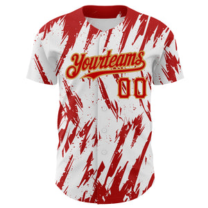 Custom White Red-Old Gold 3D Pattern Design Abstract Sharp Shape Authentic Baseball Jersey