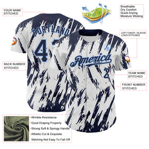 Custom White Navy-Light Blue 3D Pattern Design Abstract Sharp Shape Authentic Baseball Jersey