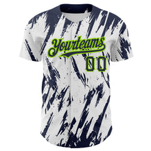 Load image into Gallery viewer, Custom White Navy-Neon Green 3D Pattern Design Abstract Sharp Shape Authentic Baseball Jersey
