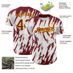 Custom White Crimson-Gold 3D Pattern Design Abstract Sharp Shape Authentic Baseball Jersey