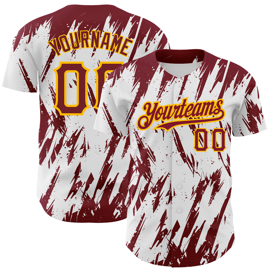 Custom White Crimson-Gold 3D Pattern Design Abstract Sharp Shape Authentic Baseball Jersey