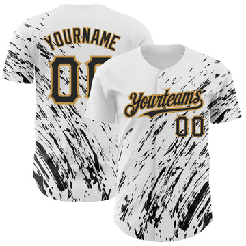 Custom White Black-Old Gold 3D Pattern Design Abstract Splash Authentic Baseball Jersey