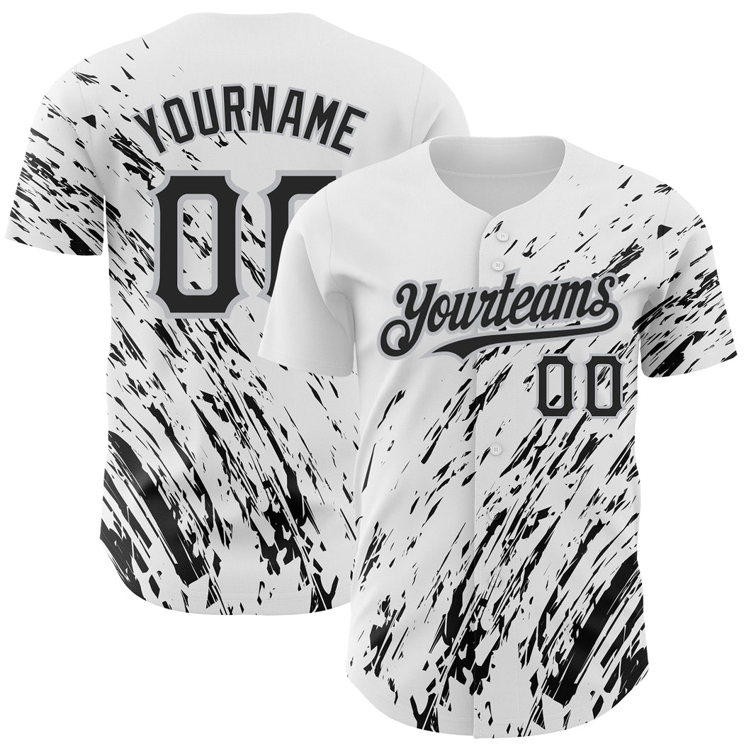 Custom White Black-Gray 3D Pattern Design Abstract Splash Authentic Baseball Jersey