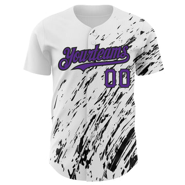 Custom White Purple-Black 3D Pattern Design Abstract Splash Authentic Baseball Jersey