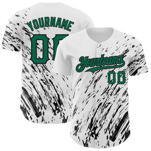 Custom White Kelly Green-Black 3D Pattern Design Abstract Splash Authentic Baseball Jersey