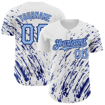 Custom White Light Blue-Royal 3D Pattern Design Abstract Splash Authentic Baseball Jersey