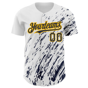 Custom White Navy-Gold 3D Pattern Design Abstract Splash Authentic Baseball Jersey