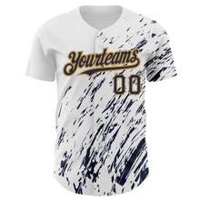 Load image into Gallery viewer, Custom White Navy-Old Gold 3D Pattern Design Abstract Splash Authentic Baseball Jersey
