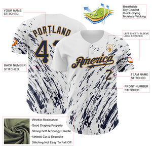 Custom White Navy-Old Gold 3D Pattern Design Abstract Splash Authentic Baseball Jersey