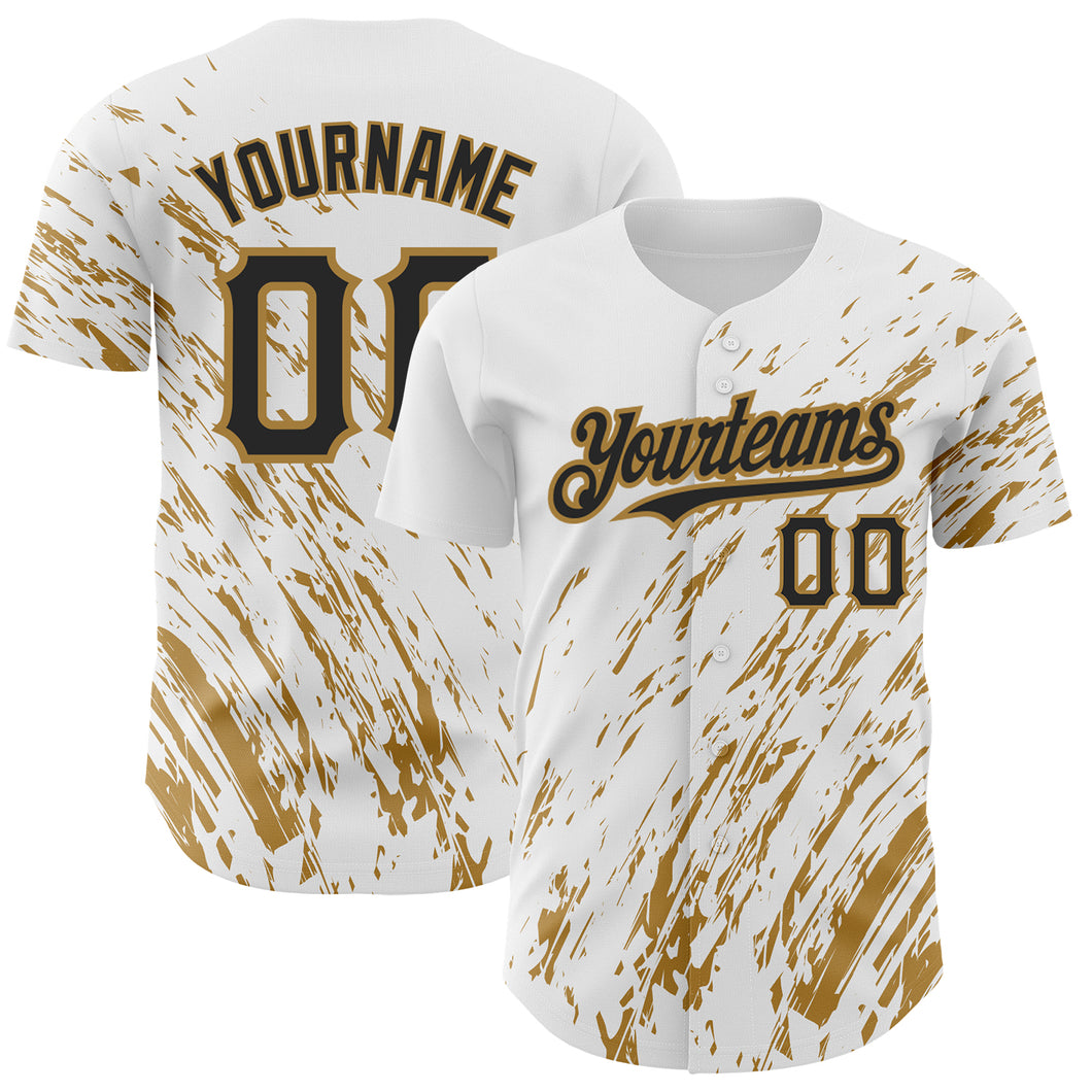 Custom White Black-Old Gold 3D Pattern Design Abstract Splash Authentic Baseball Jersey