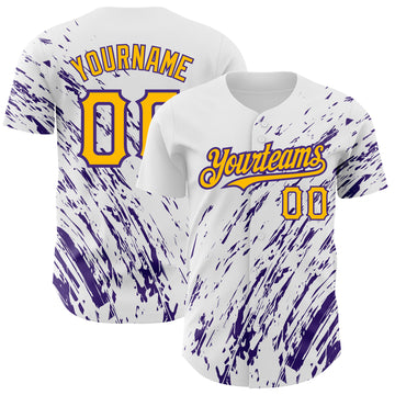 Custom White Gold-Purple 3D Pattern Design Abstract Splash Authentic Baseball Jersey