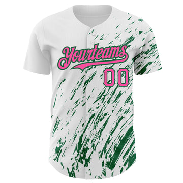 Custom White Pink-Kelly Green 3D Pattern Design Abstract Splash Authentic Baseball Jersey