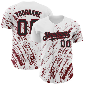 Custom White Black-Crimson 3D Pattern Design Abstract Splash Authentic Baseball Jersey