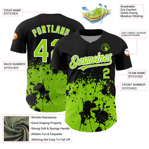 Custom Black Neon Green-White 3D Pattern Design Abstract Splash Grunge Art Authentic Baseball Jersey