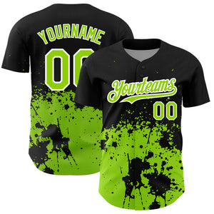 Custom Black Neon Green-White 3D Pattern Design Abstract Splash Grunge Art Authentic Baseball Jersey