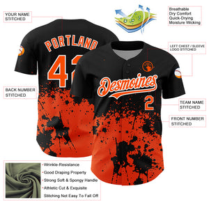 Custom Black Orange-White 3D Pattern Design Abstract Splash Grunge Art Authentic Baseball Jersey