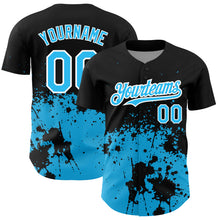 Load image into Gallery viewer, Custom Black Sky Blue-White 3D Pattern Design Abstract Splash Grunge Art Authentic Baseball Jersey
