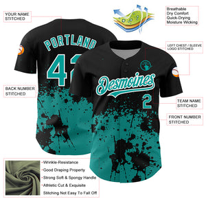 Custom Black Teal-White 3D Pattern Design Abstract Splash Grunge Art Authentic Baseball Jersey