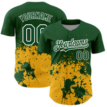 Load image into Gallery viewer, Custom Green Gold-White 3D Pattern Design Abstract Splash Grunge Art Authentic Baseball Jersey
