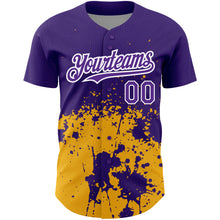 Load image into Gallery viewer, Custom Purple Gold-White 3D Pattern Design Abstract Splash Grunge Art Authentic Baseball Jersey
