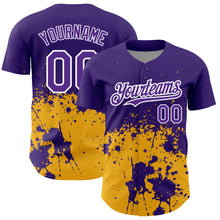 Load image into Gallery viewer, Custom Purple Gold-White 3D Pattern Design Abstract Splash Grunge Art Authentic Baseball Jersey
