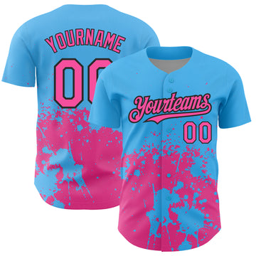 Custom Sky Blue Pink-Black 3D Pattern Design Abstract Splash Grunge Art Authentic Baseball Jersey