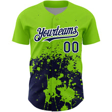 Load image into Gallery viewer, Custom Neon Green Navy-White 3D Pattern Design Abstract Splash Grunge Art Authentic Baseball Jersey
