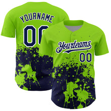 Load image into Gallery viewer, Custom Neon Green Navy-White 3D Pattern Design Abstract Splash Grunge Art Authentic Baseball Jersey
