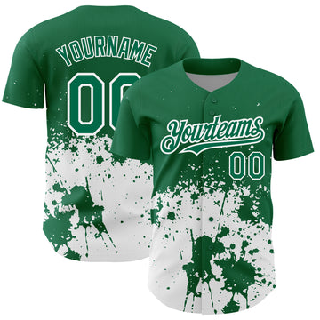 Custom Kelly Green White 3D Pattern Design Abstract Splash Grunge Art Authentic Baseball Jersey