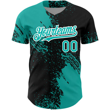 Custom Black Aqua-White 3D Pattern Design Abstract Brush Stroke Authentic Baseball Jersey